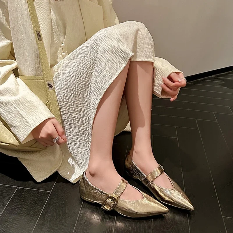 Nové jarné/jesenné dámske pumpy Originálne kožené topánky pre ženy Soft špicaté špicaté špicaté topánky s nízkymi pätami Čierny opasok Buckle Mary Jane Shoes