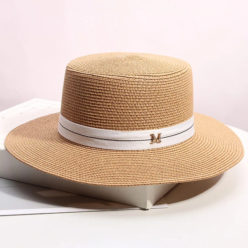 Nové jednoduché slamy letné ženy plážové klobúk Žena Panama Hat Lady Značka Ženy Flat brim Bowknot Slaw Cap Girls Sun Hat