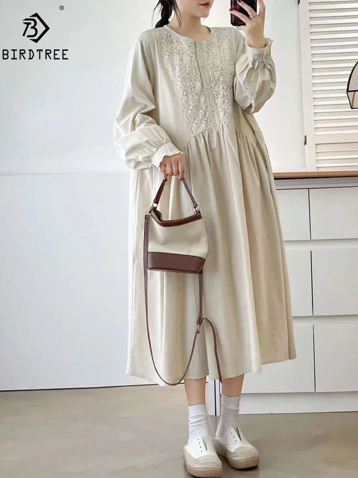 Nové jesenné bavlnené šaty s dlhým rukávom, ženské háčkovacie háčiky sladké, Mori Girl Loose Retro French Casual Dress, 2024 zima D48949qm