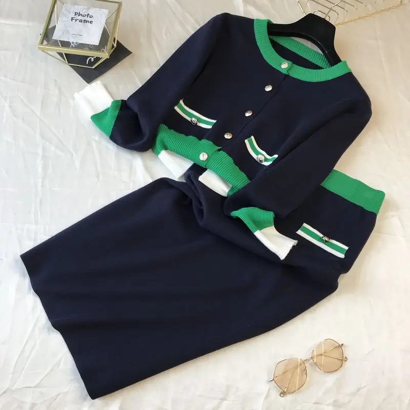 Nové jesenné dámske pletené sveter a sukne súpravy Single Breastted Coats Bodycon sukňa dva kusy oblečenie oblečenia