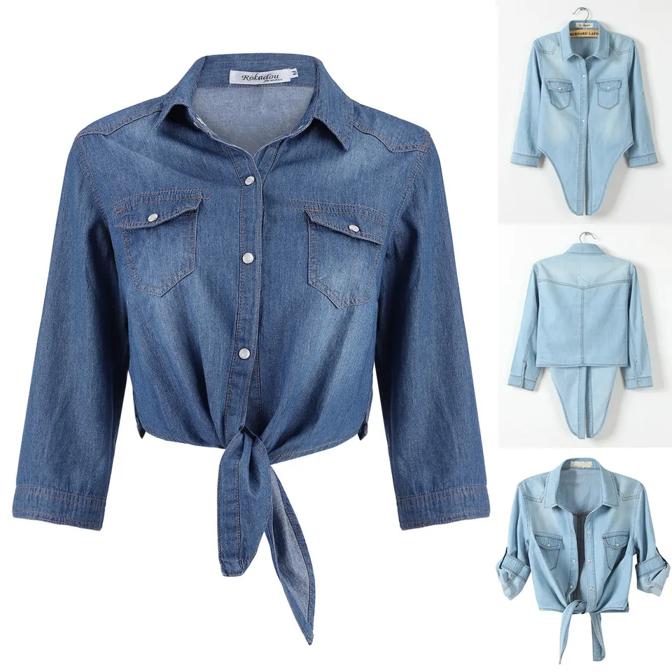 Nové jesenné džínsové košele pre ženy 3/4 rukávové dámske topy Tops Crop Tops Topy Women Lace Up Džínsy a blúzky dámske vrcholy
