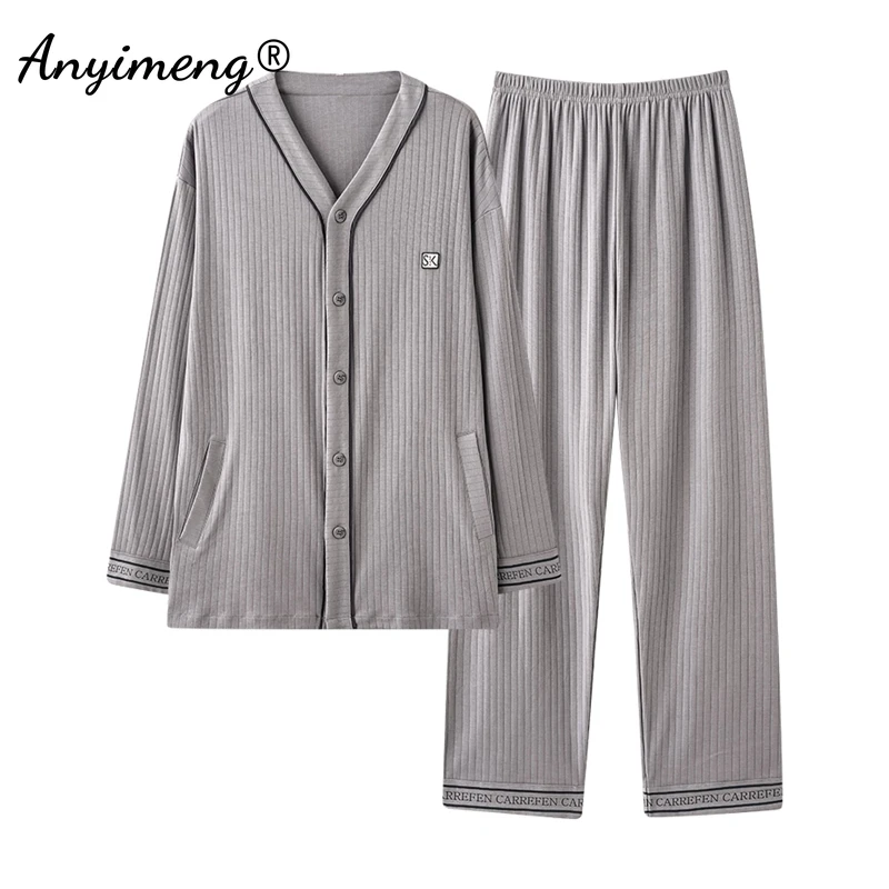 Nové jesenné zimné muži Kimono pyžamy s dlhými rukávmi dlhé nohavice V-krsp pyžama plus veľkosť l-3xl nočné oblečenie Soft Mungewear