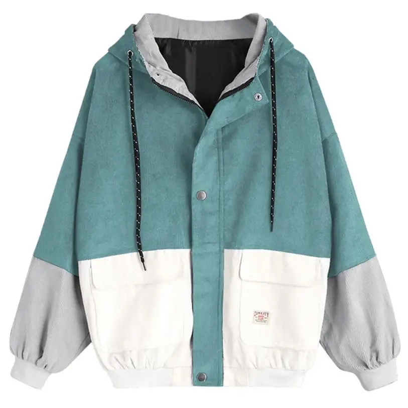 Nové jesenné ženy Coats Corduroy Patchwork Nadmerná nadmerne zipsové bundy Windbreaker Coats and Batchets Dám