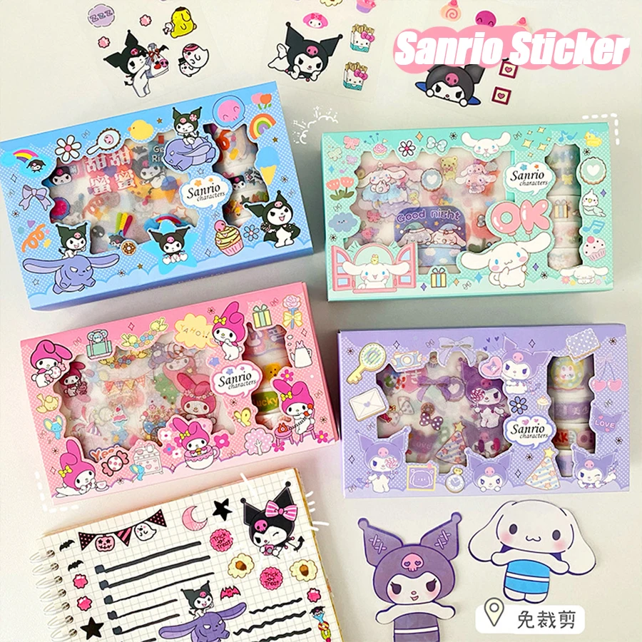 Nové kawaii Sanrio Sticker Gift Box Cinnamoroll Kuromi My Melody Hand Acount Tape Stupegers
