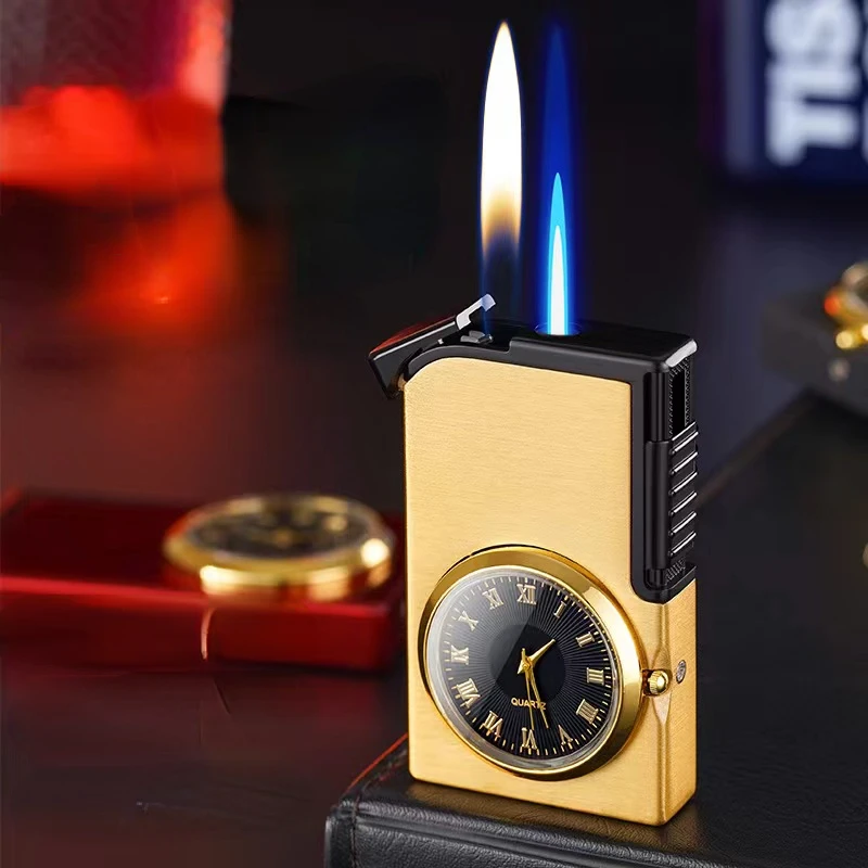 Nové kovové reálne hodinky Windproof Double Flame nafukovací nafukovací otvorený plameň Direct Blue Flame Double Switch Ignition Gas Gatters