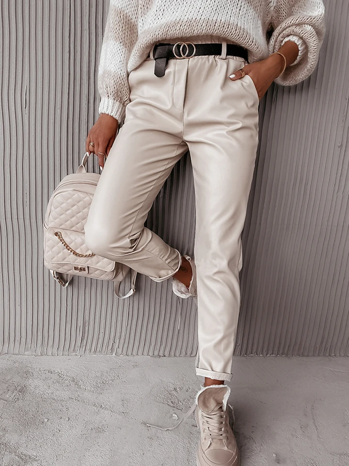 Nové kožené dámske módne športové oblečenie Ceruzky Slim Fit High Elastic pás jednoduché vreckové dámske nohavice Streetwear