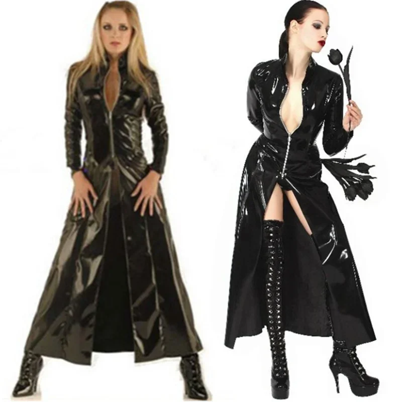 Nové kožené pu mokré žien a muži Čierna celá dĺžka dlhé šaty Faux kožená koža Pu Long Trench Coat