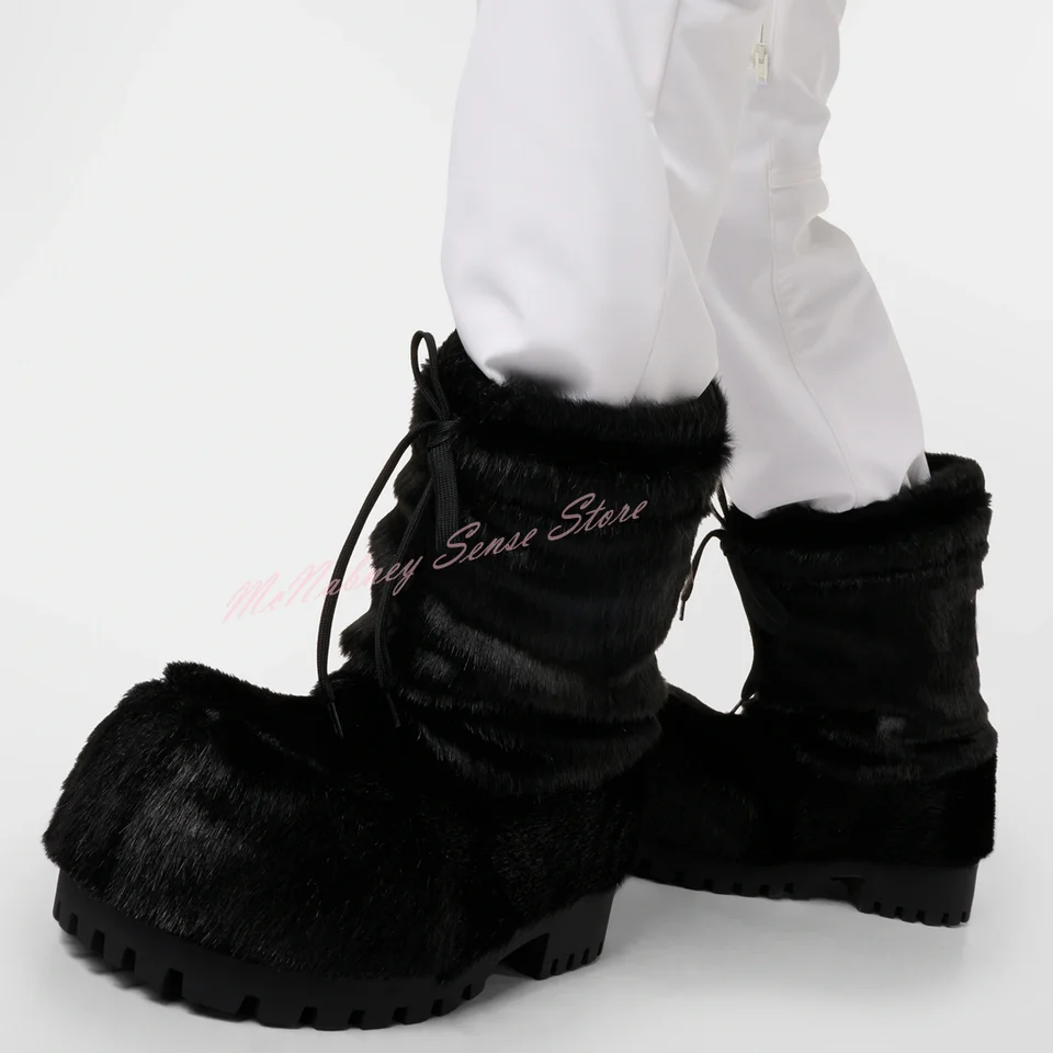 Nové kožušiny veľké okrúhle topánky Husté podrážka platforma Lace Up členkové topánky Sexy dizajnér ženské mužské topánky zimná párty luxus veľká veľkosť