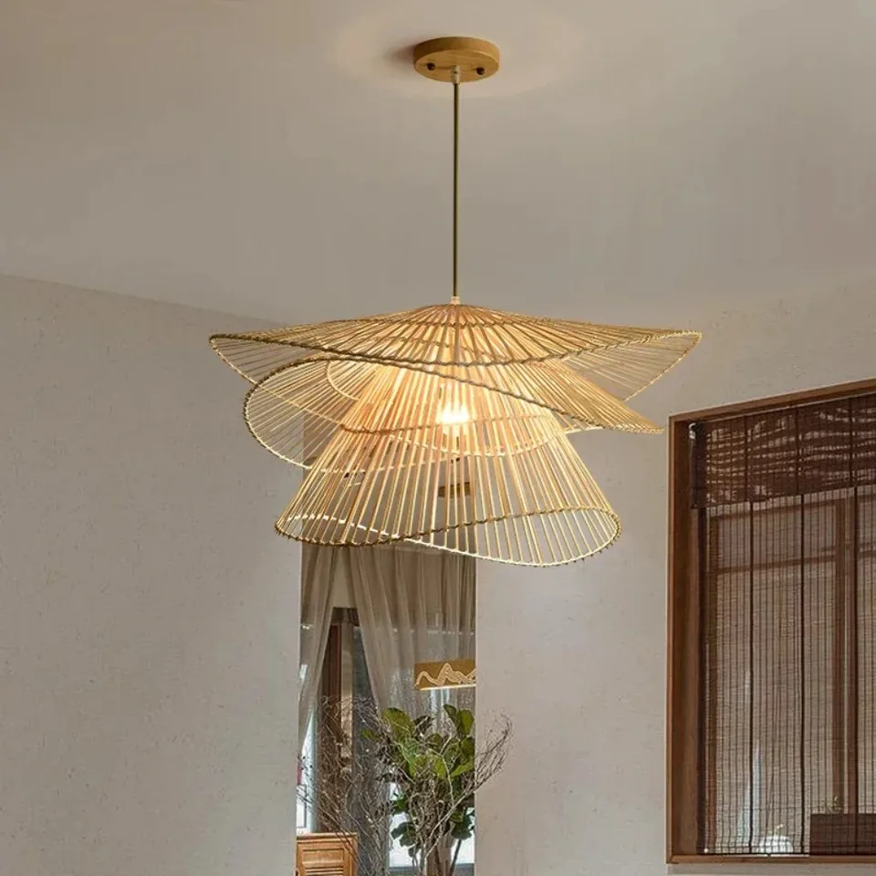 Nové kreatívne bambusové rattanské prívesky Svetlá stravovanie Stropný stropný luster Domáci dekor drevené prútené prívesok lampa