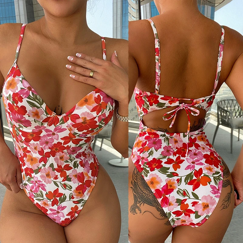 Nové kvetinové tlačené plavky s jedným kusom plavky Ženy Žena Vysoké nohy strihané Monokini Bather plavky plavky Lady Lady