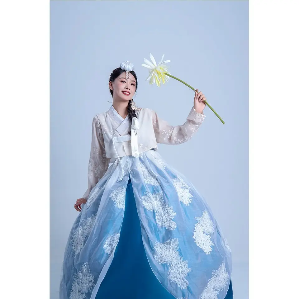 Nové kórejské etnické ženské špičkové kórejské oblečenie Yanji Internet Slávne fotografie Blue Hanbok Performance Costy