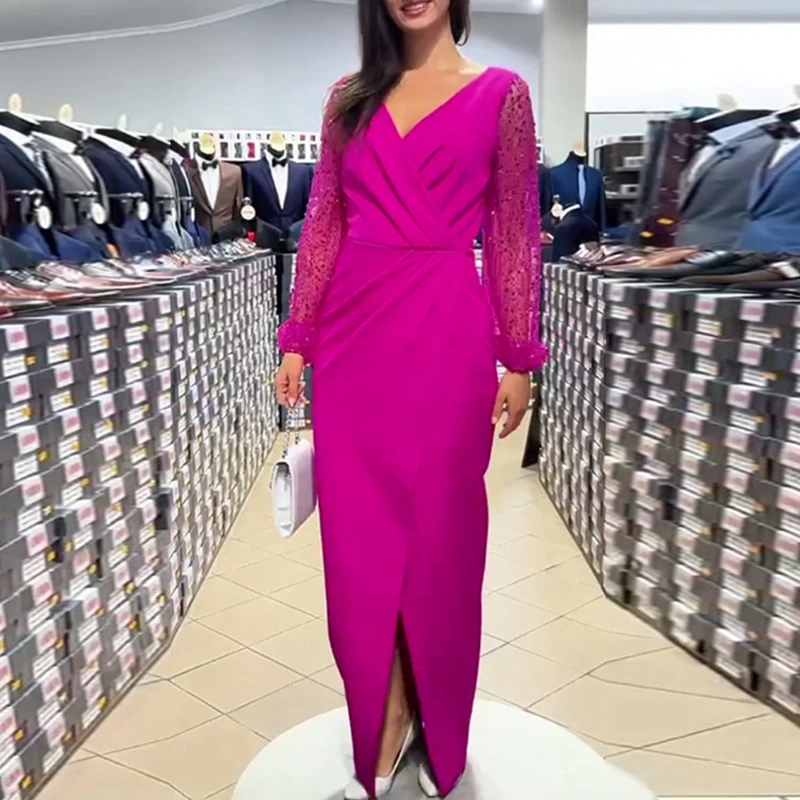 Nové lesklé flitre s dlhým rukávom Slim Dámske šaty Elegantné patchworky Split maxi šaty sexy v krk s vysokým pásom skladané párty šaty