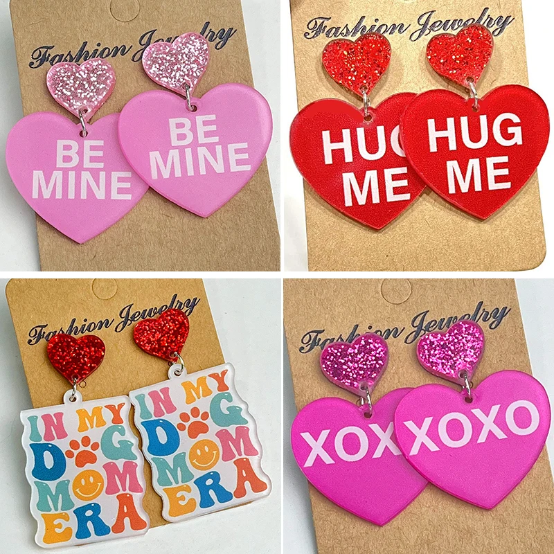 Nové lesklé náušnice lásky Roztomilý milenec text Be Mine Dog Mom Pink Red Red Love náušnice pre ženy