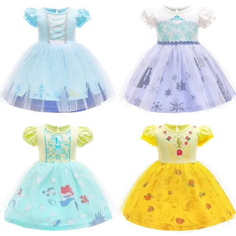 Nové letné dievčatko šaty šaty rukávy Bubble Popoluška Elsa Mermaid Belle Princess Dress Halloween šaty Q15