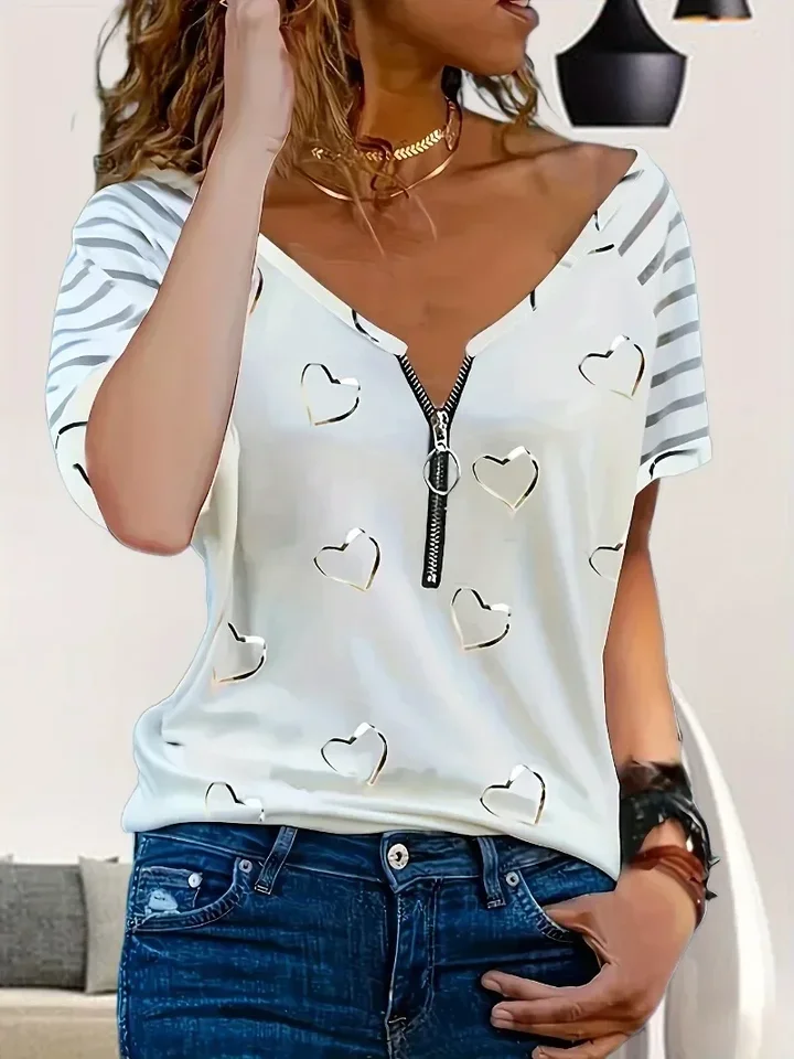 Nové letné dámske plus veľkosť 1xl-5xl Príležitostné voľné zipsové voľné V-krk Tričko Top Fashion Peach Blossom Print krátke rukávy