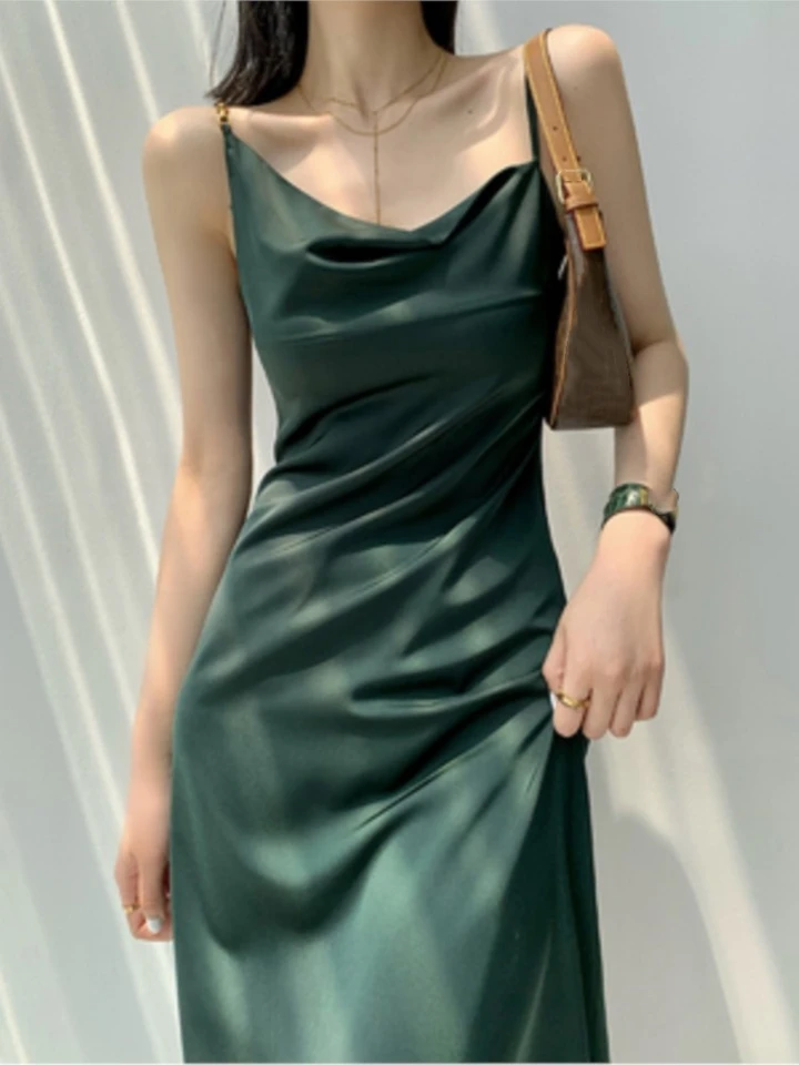 Nové letné elegantné saténové šaty midi šaty špagety asymetrický golier francúzske štíhle večerné večierky Prom Robe Vestido