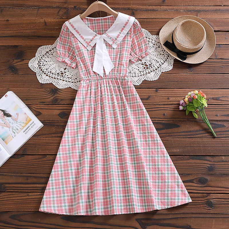 Nové letné módy s krátkym rukávom Ženy Vintage šaty Mori Girl Plaid Vestidos