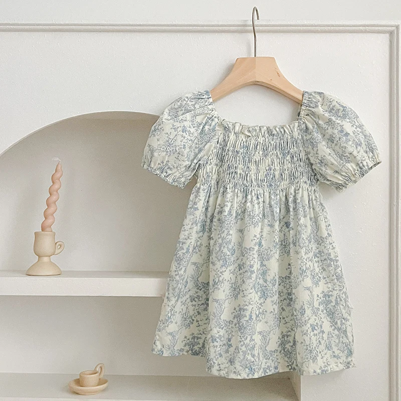 Nové letné oblečenie Dievčatá Dievčatá Princezné šaty Puff Ruckve Blue Flower Toddlers Dovolenka Kids Cotton Cytle Chaty Kórejský štýl