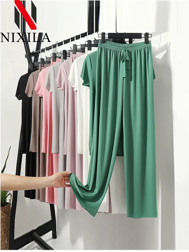 Nové letné pletené dvojdielne súpravy Dámske Outtifits krátke rukávy Topy Dlhé nohavice Oblek Loose 2 -Peting For Women Trouser Suits