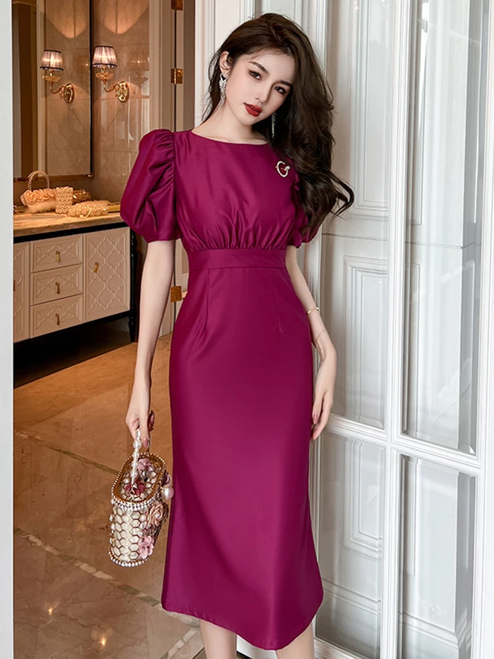 Nové letné saténové elegantné kancelárske ženy Večerné šaty Formálne fialové O-krk Slim Midi Party Prom Street oblečenie femme mujer Vestido