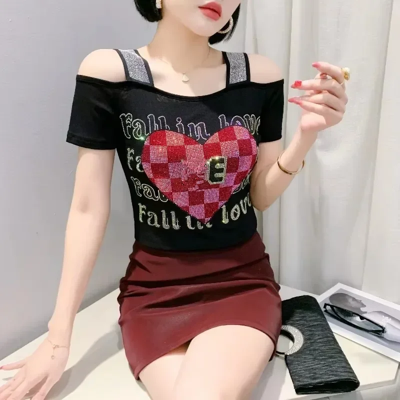 Nové letné vinobranie európske dámske tričko s krátkym rukávom Chic Flower Hot Diamonds Slim Tees Elegantné sexy preč, ak by ste mali vrcholy