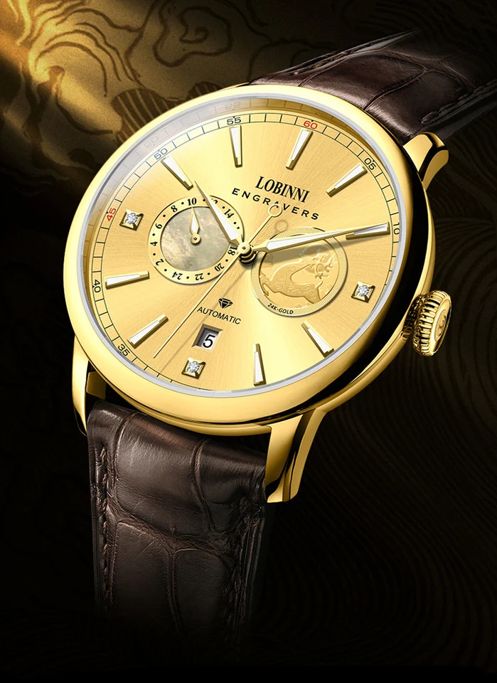 Nové Lucky Deer Luxury Brand Lobinni Japan Miyota 82S7 Automatické mechanické hodinky mužov Sapphire Real 24K Gold & Diamond L19015