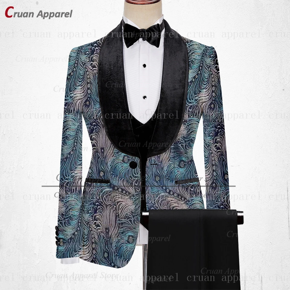 Nové modré kvetinové tlačené obleky Men Slim Slim Fit Party Singers Singers Tuxedo na mieru luxusné zamatové klopné klopne blazer vesty nohavice 3ks