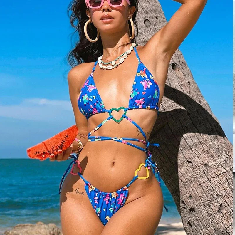 Nové modré tlačené medvedie bikiny milujú remienok Split plavky plavky na plávanie dám