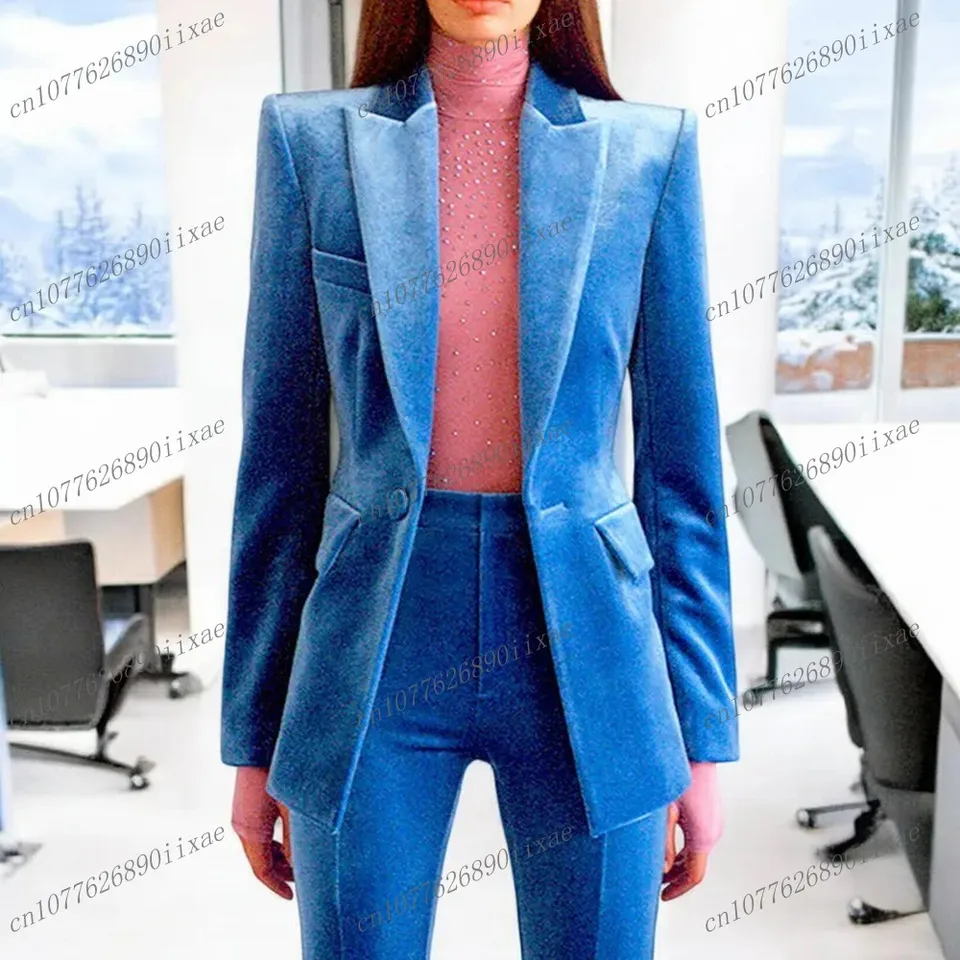 Nové modré zamatové dámske obleky Lady Business Office smesos Matka svadobná hostina Formálny dámsky kostým s dvom
