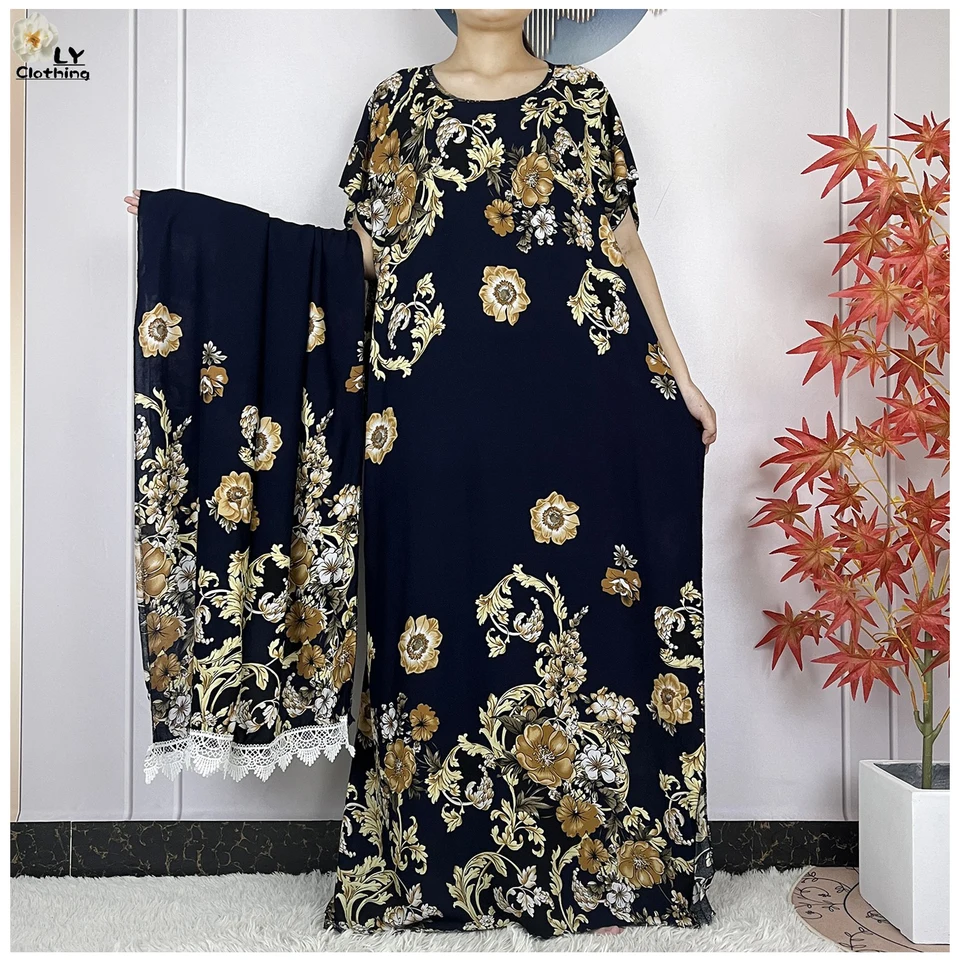 Nové moslimské abayas pre dámske voľné rúcho letný krátky rukáv tlačený africký dashiki islamský šaty šaty 150x80cm čipkovaný šál