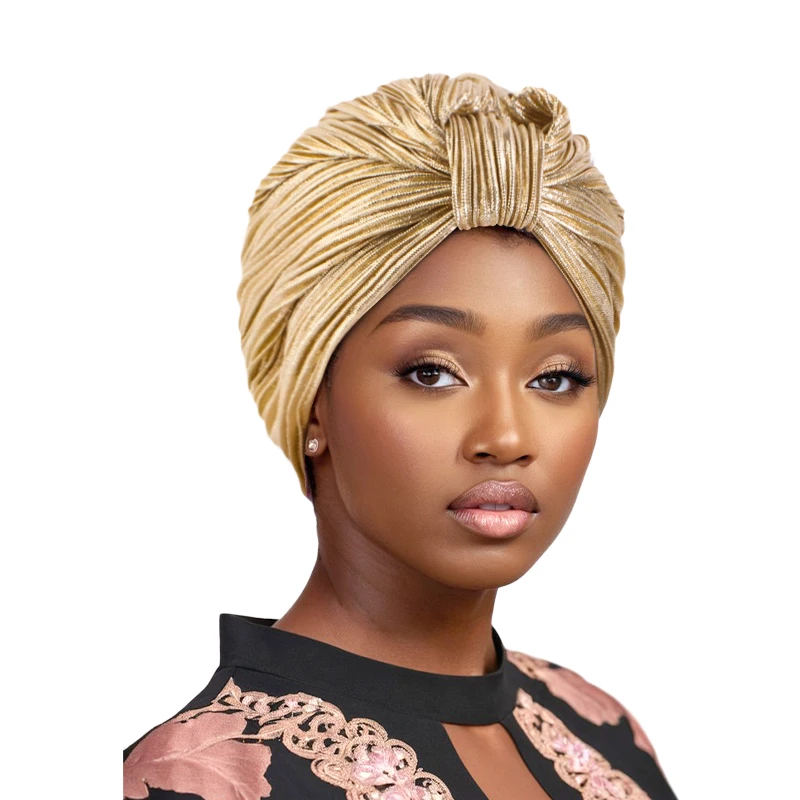 Nové moslimské ženy Turban lesk Metallic Gold Silver Vintage Casy Rouft Knot Wrap Wrap Ladies Hidžáb India Hathair doplnky