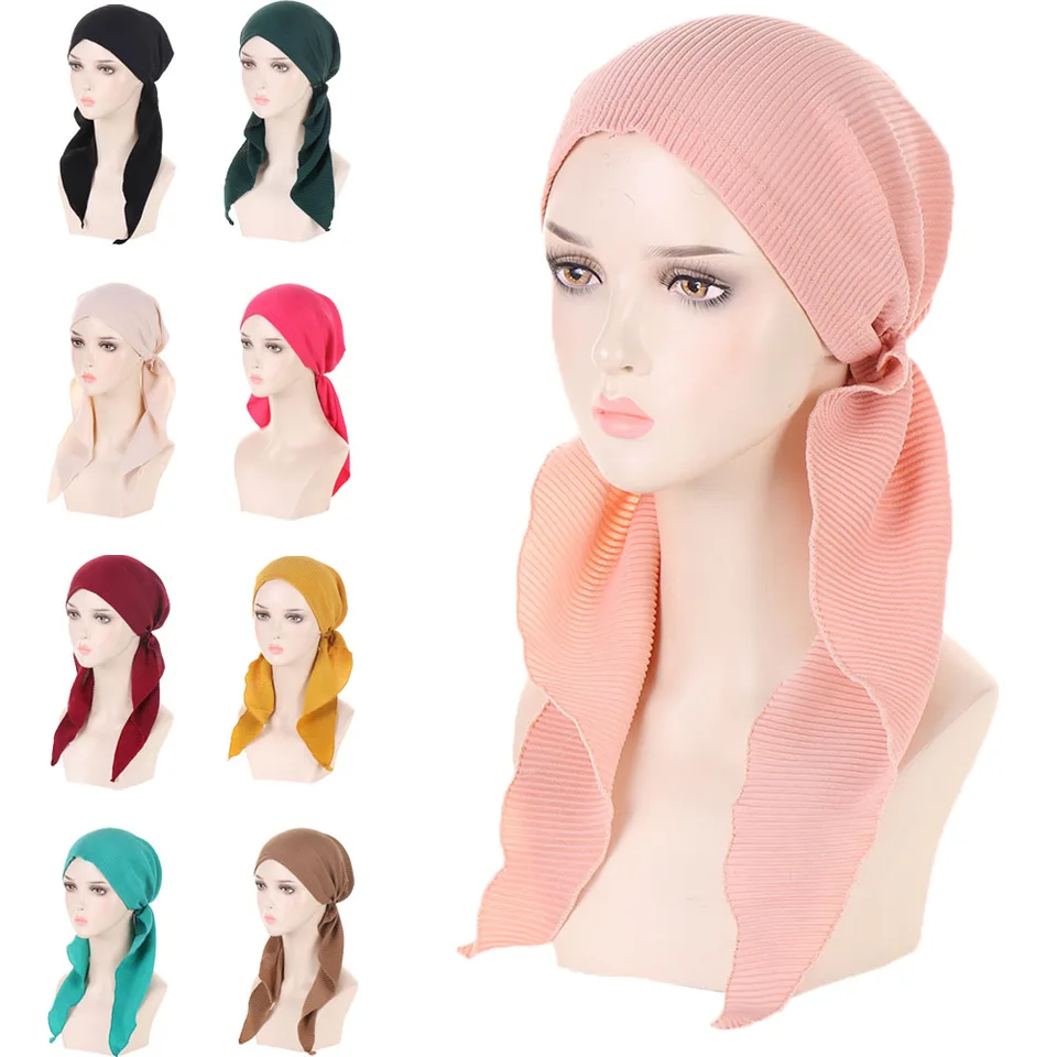 Nové moslimské ženy vopred viazané šatky čiapka Žena Turban Cancer Chemo Hat Lat Lose Hair Cover Wrap Wrap Headwar Stretch Bandanas Hidžáb