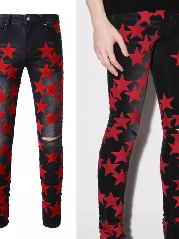 Nové mužské módne móda Červená hviezda Patchwork koleno nôž Cut Hole Street Čierne džínsy Pánske nohavice Slim Fit Leggings Pants 885