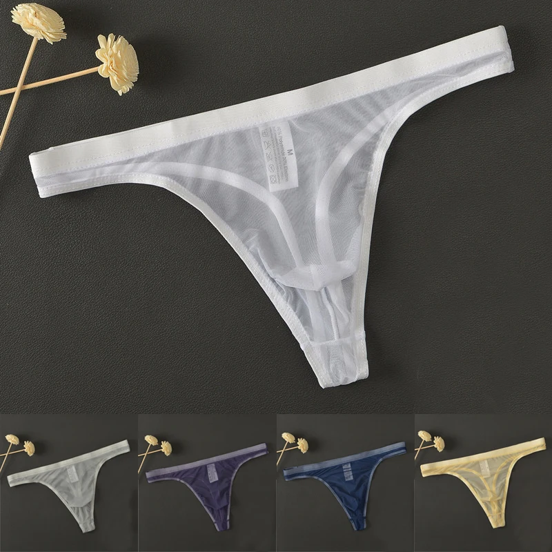 Nové mužské sexy priedušné spodné prádlo T-Back G-String Slips Pozrite sa cez spodnú bielizeň LINGERIE Nízky pás elastický gay ľadový hodvábny solídny muž Thong