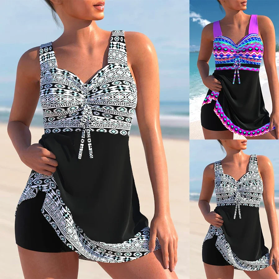 Nové módne dámske Tankini Triangin Trojule s dvojdielnym plavkami Purple kvetinové sexy sviatočné pláž set s-6xl
