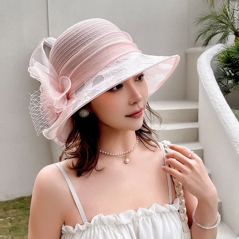 Nové módne dámy fascinátory Millinery Church Hat Elegant Bow Wide Brim Brock Hats Fedora Ženy Summer skladacia čiapka darček