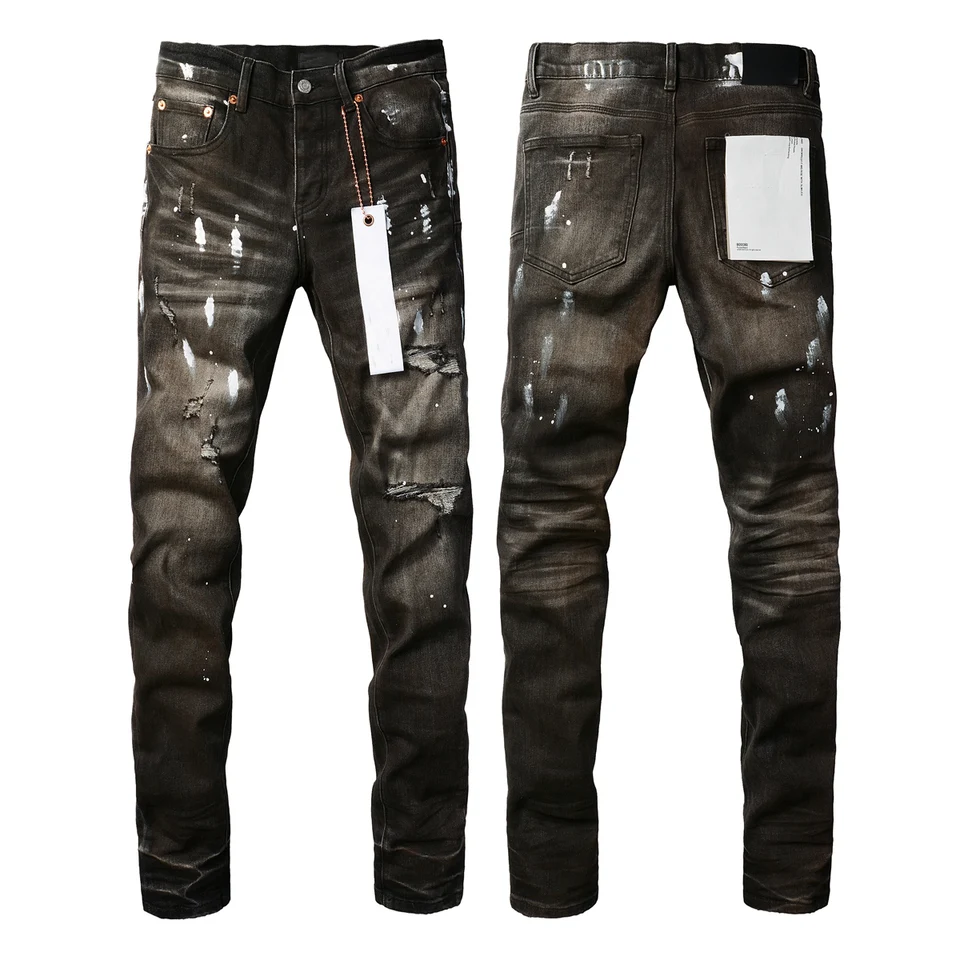 Nové módne purplples džínsy Men s vysokými značkami ulica Ulica v núdzi špičková čierna oprava nízka vzostupná značka Skinny Denim Pants