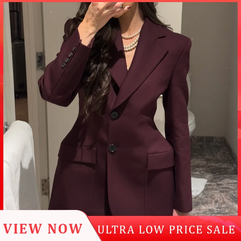 Nové módne víno Červené štíhle klope Dámske bundy Elegantné vrecká s dlhým rukávom Single Blazer Blazer Coat Female Chic Outwear