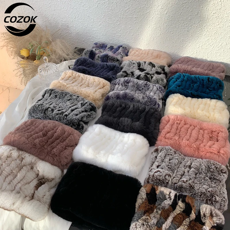 Nové módne zimné ženy Real Rex Rabbit kožušina šál Dobré elastické pletené originálne kožušinové čelenky pletené dievča prírodné kožušinové šatky