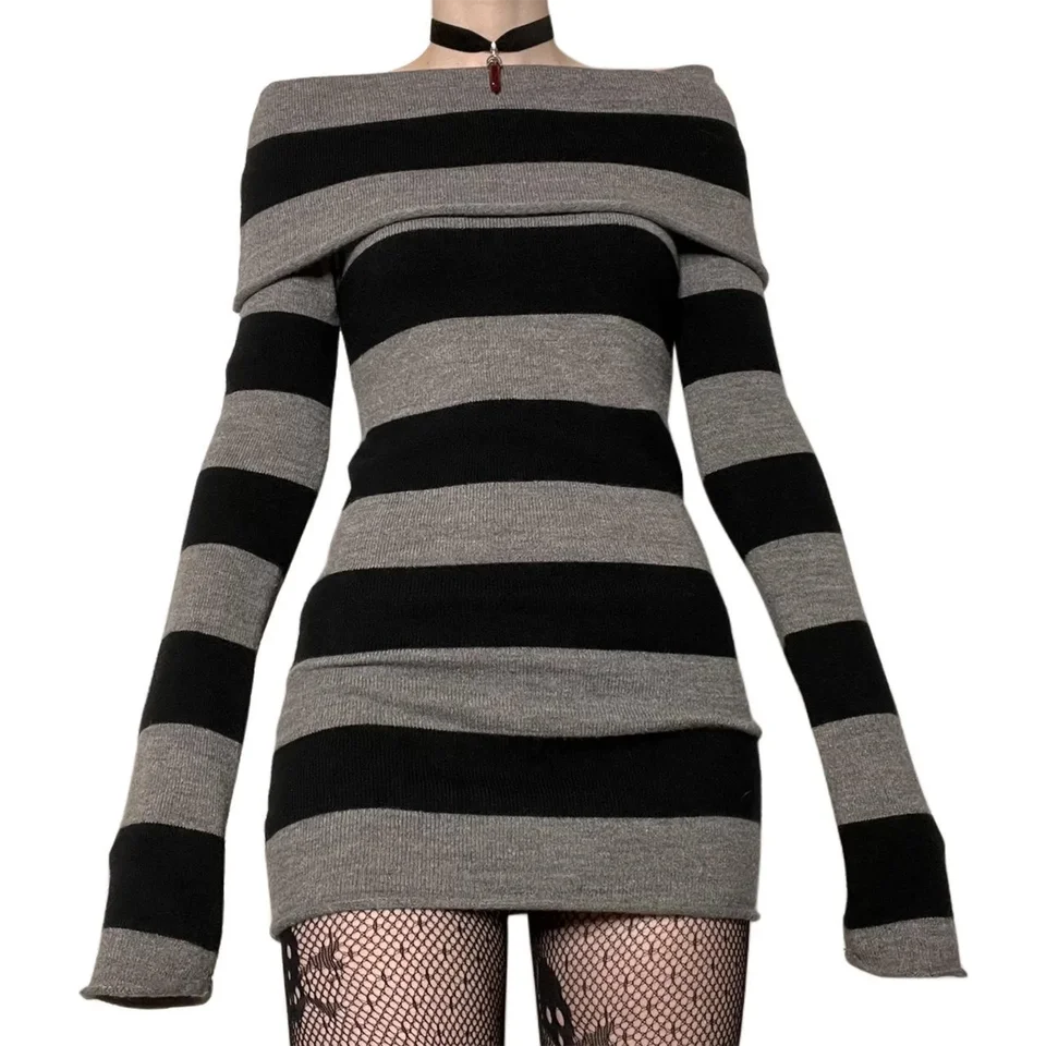 Nové módne ženy Mini Bodycon Dress Stripe Produk s dlhým rukávom Krátke šaty Spring Autumn zabalené hip party šaty s-xl
