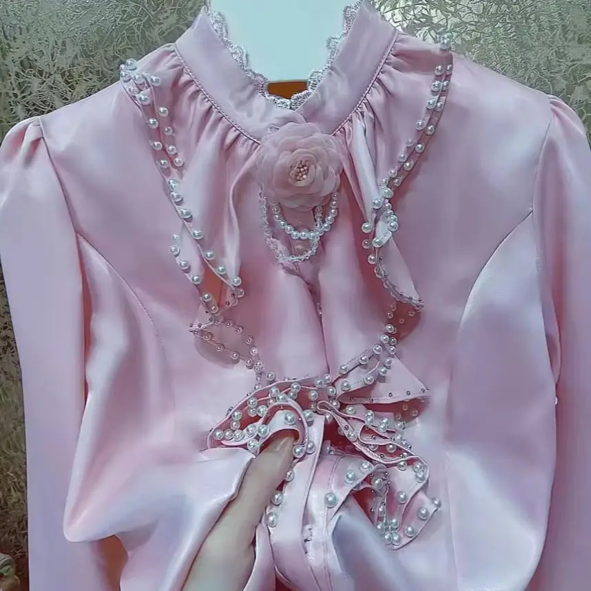 Nové na jeseň hrušky korálky Rufles ružové sladké elegantné blúzky pre dámske s dlhým rukávom Top adopt Lady Elegantné košele oblečenie