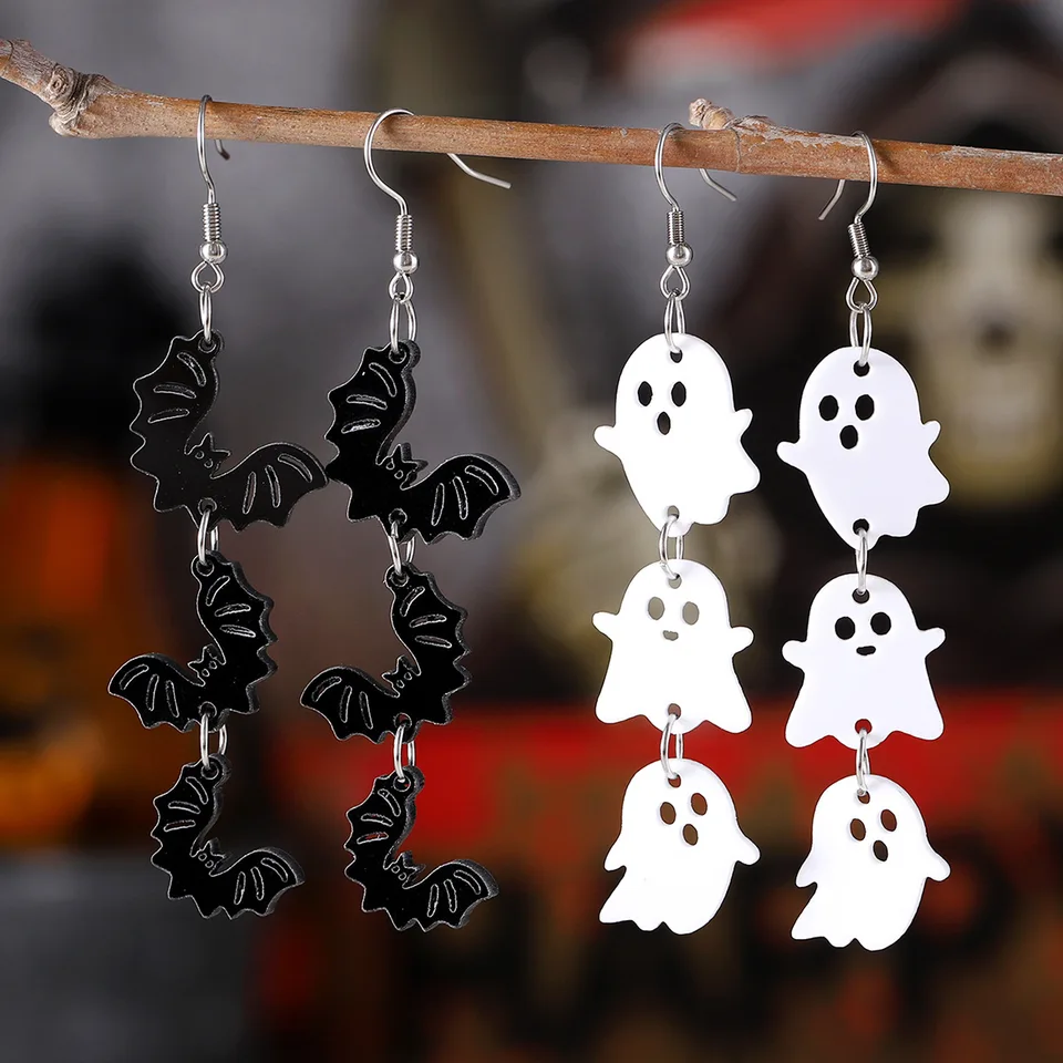 Nové náušnice Halloween Biely duch čierny netopier trojnásobný zostrihový prívesok náušnice akrylové gotický štýl Halloween dekorácie darček