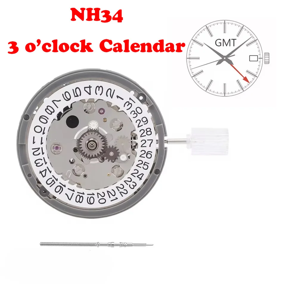 Nové originálne Japonsko GMT 24 Jemels NH3 Series 34 4 Hands 3H Dátum Automatický mechanický pohyb Vysoké vinutie