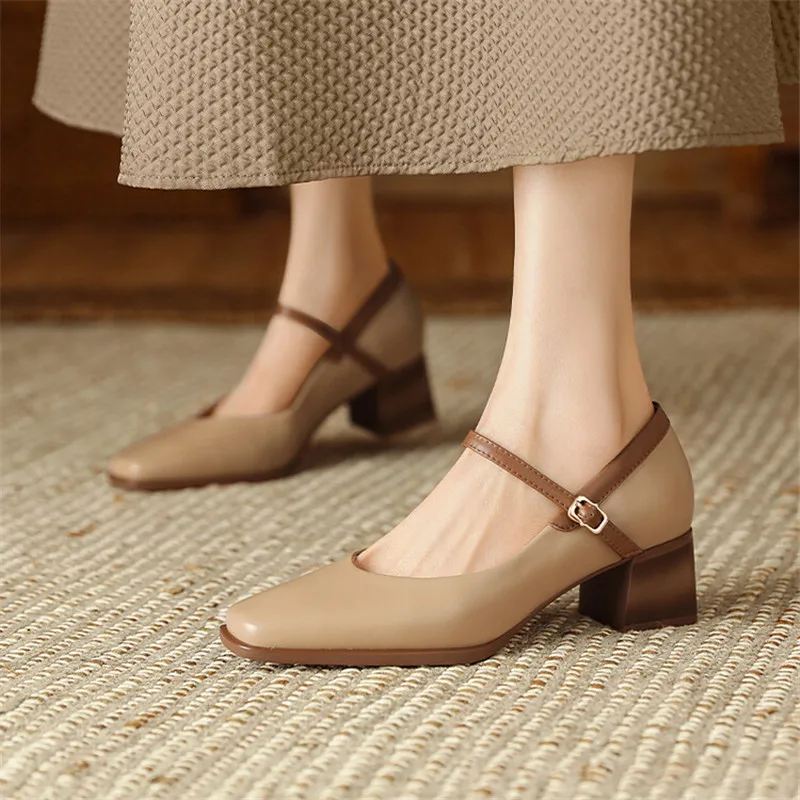 Nové originálne kožené vintage dámske topánky módne štvorcové pumpy na špičke päty päty jarné topánky Ženy Zapatos de mjjer Mary Jane Shoes