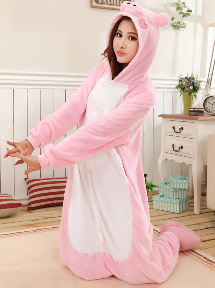 Nové ošípané unisex Kigurumi zvieracie dámske pyžamy dospelých zimné teplé spánkové oblečenie anime kostýmy ružové roztomilé karikatúry kombinézy