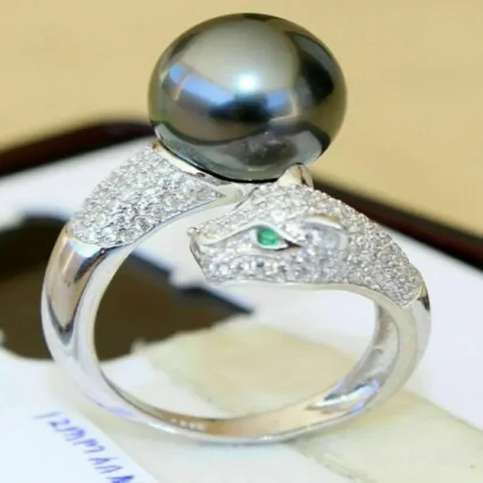 Nové perfektné okrúhle AAA+10-11 mm južné more Čierny Pearl Leopard Ring 925S 10-12 mm
