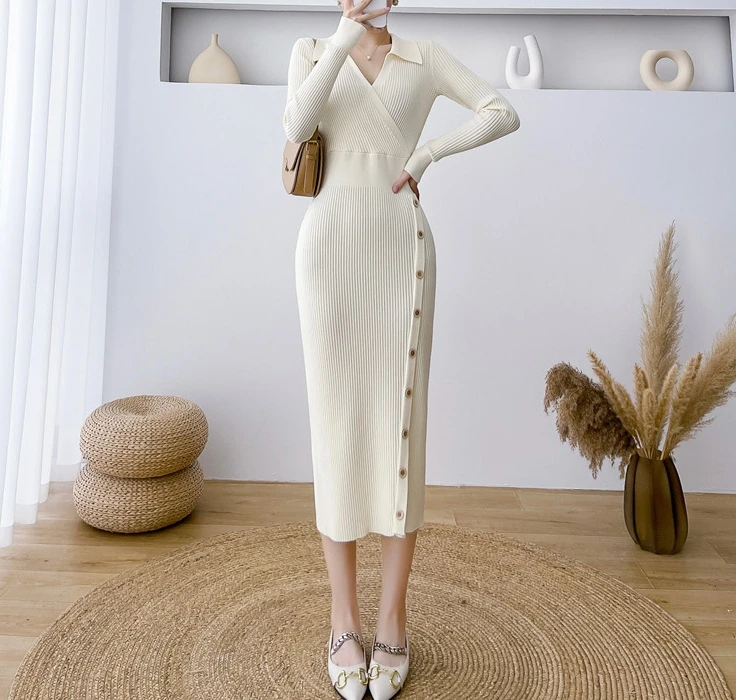 Nové pletené šaty Bodycon Dámske jesenné zimné klopa s dlhým rukávom Slim pás bokom dne
