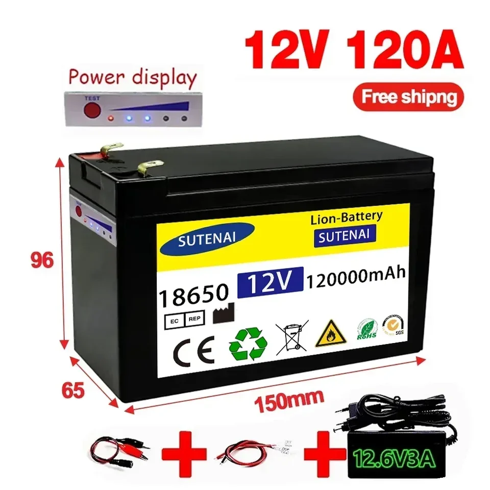 Nové postrekovače 12 V 120AH vstavané vysoký prúd 30A BMS 18650 Lítiová batéria pre elektrické vozidlo Batteria 12,6 V nabíjačka