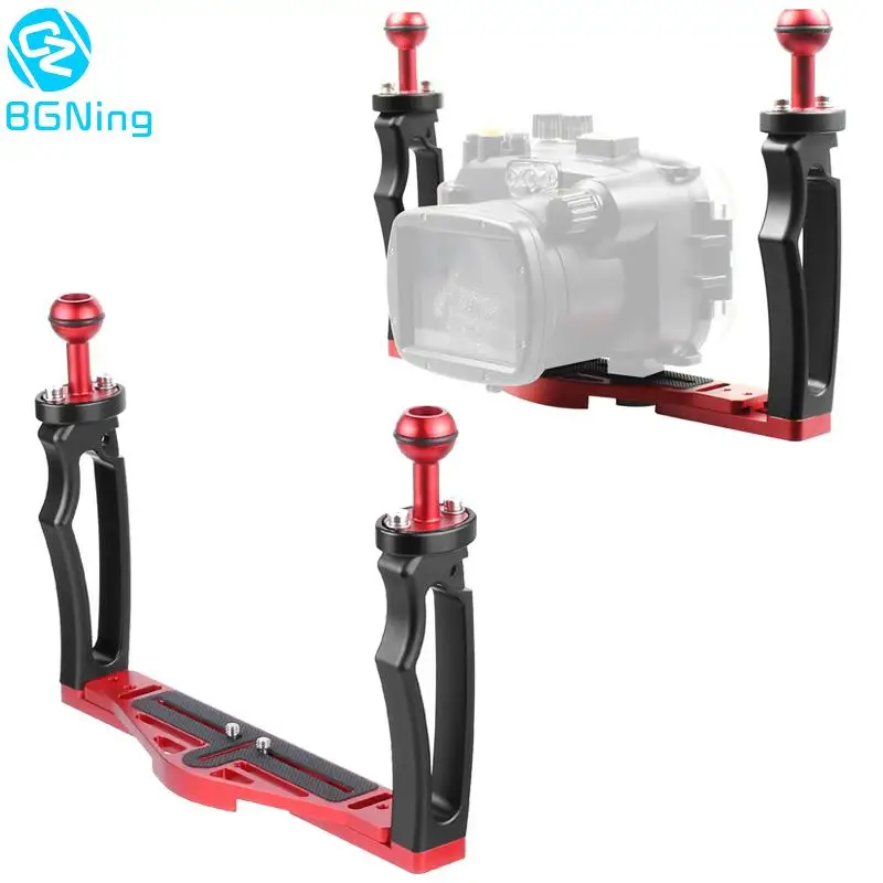 Nové potápanie DSLR Diving Dual Handheld Tray Držiak Spúšťač rukoväte rukoväte Rune s 1/4 ”skrutkovacími základnou akčnou kamerou pod vodou ľahká fotografia