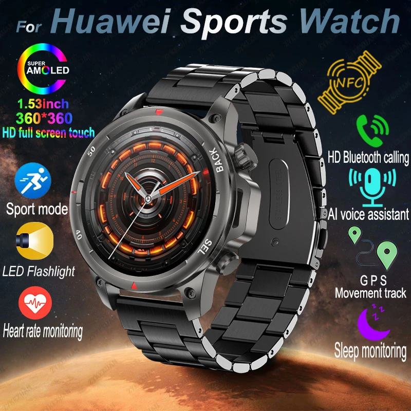 Nové pre Huawei Bluetooth Call Smart Watch Men 1,53 AMOLED SCREE SRDCET SRDCE NFC s baterkou vodotesný GPS Sports Smartwatch